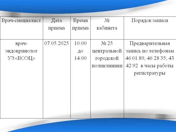 ГРАФИК ПРИЕМА  ВРАЧЕЙ-СПЕЦИАЛИСТОВ В МАЕ 2025